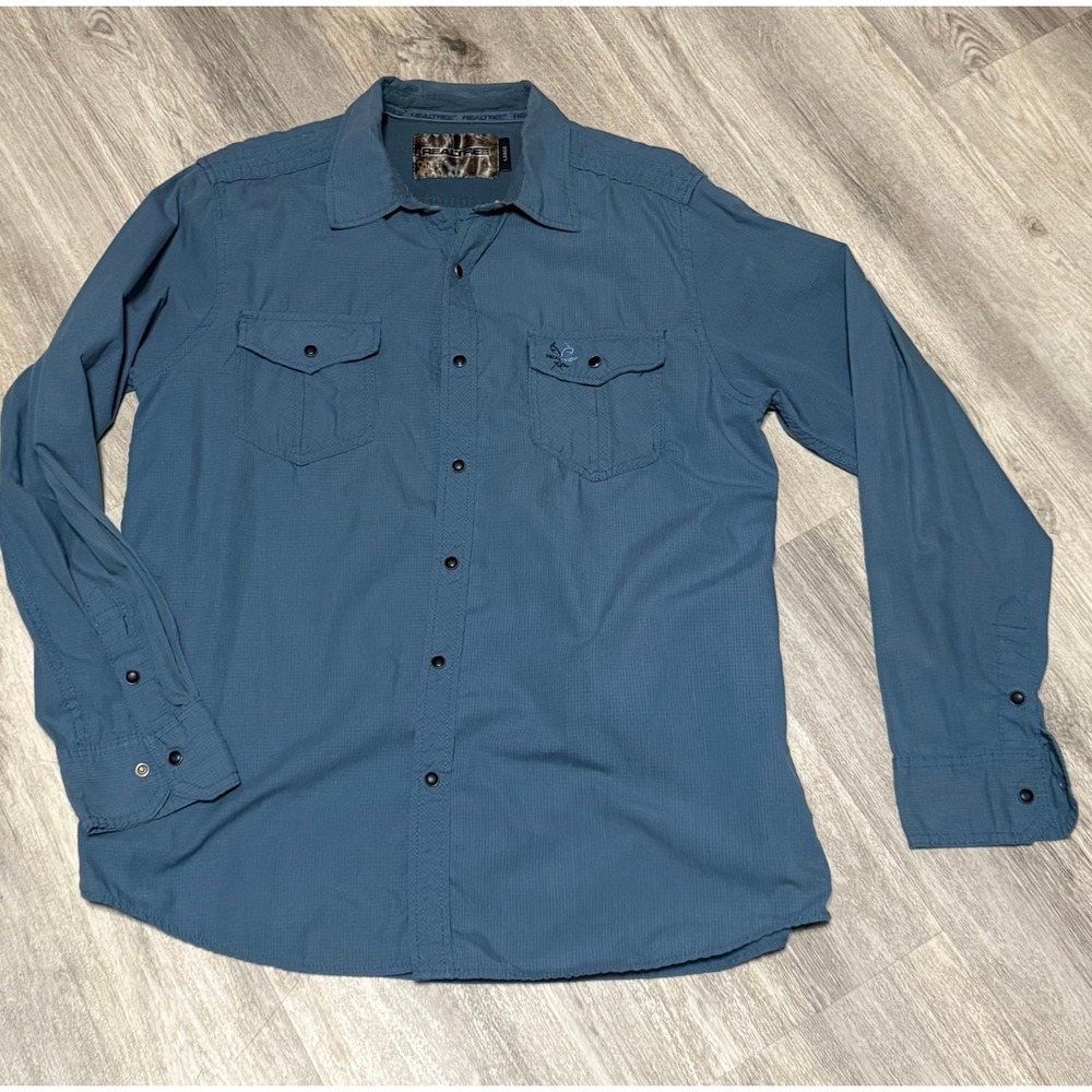 Realtree Shirt Mens Large Pearl Snap Blue Long Sleeve Hunting Outdoor Fishing
